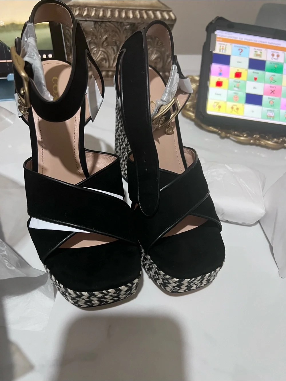 Coach Black Woven Platform Block Heel Sandals